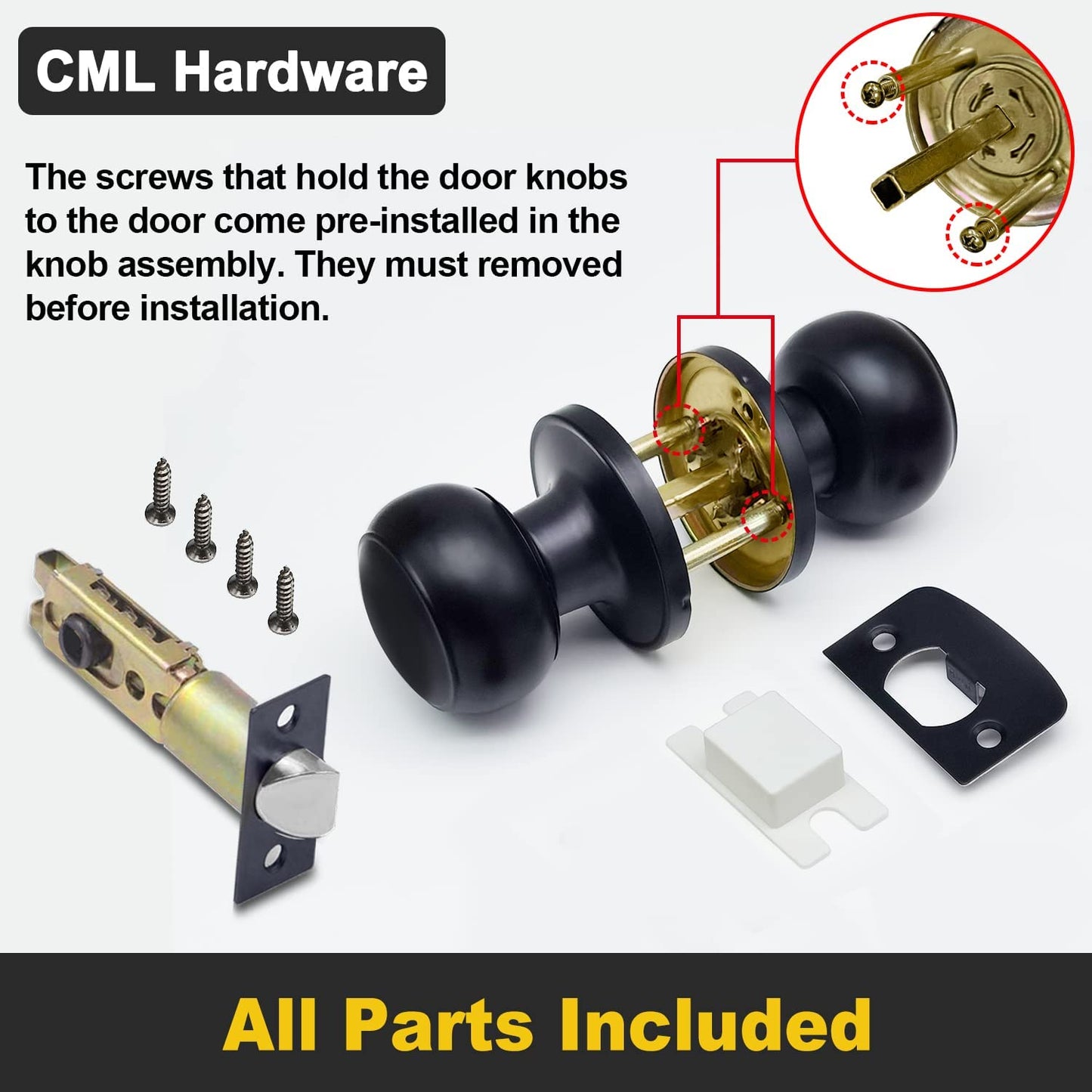 (2 Pack) Passage Door Knob for Hall/Closet, No Locking Interior round Ball Handle in Solid Stainless Steel, Matte Black
