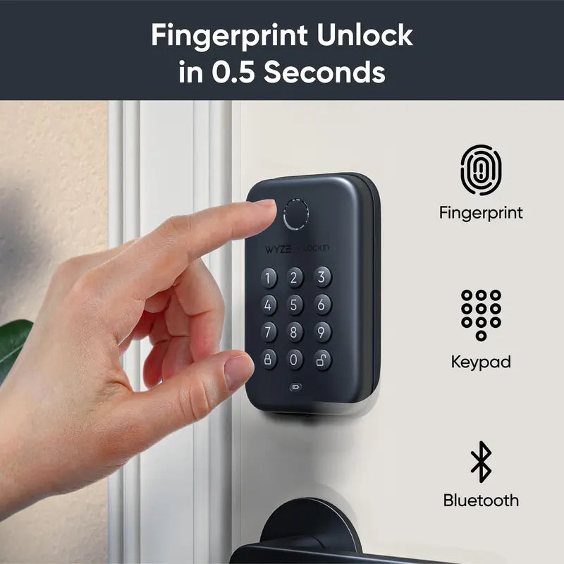 Wyze Lock Bolt — Fingerprint Keyless Entry Door Lock, Smart Bluetooth Deadbolt Replacement, Backlit Keypad, IPX5 Weatherproof, In-App History and Scheduled Access, Auto-Lock, BHMA, UL 20-Min Fire Rated