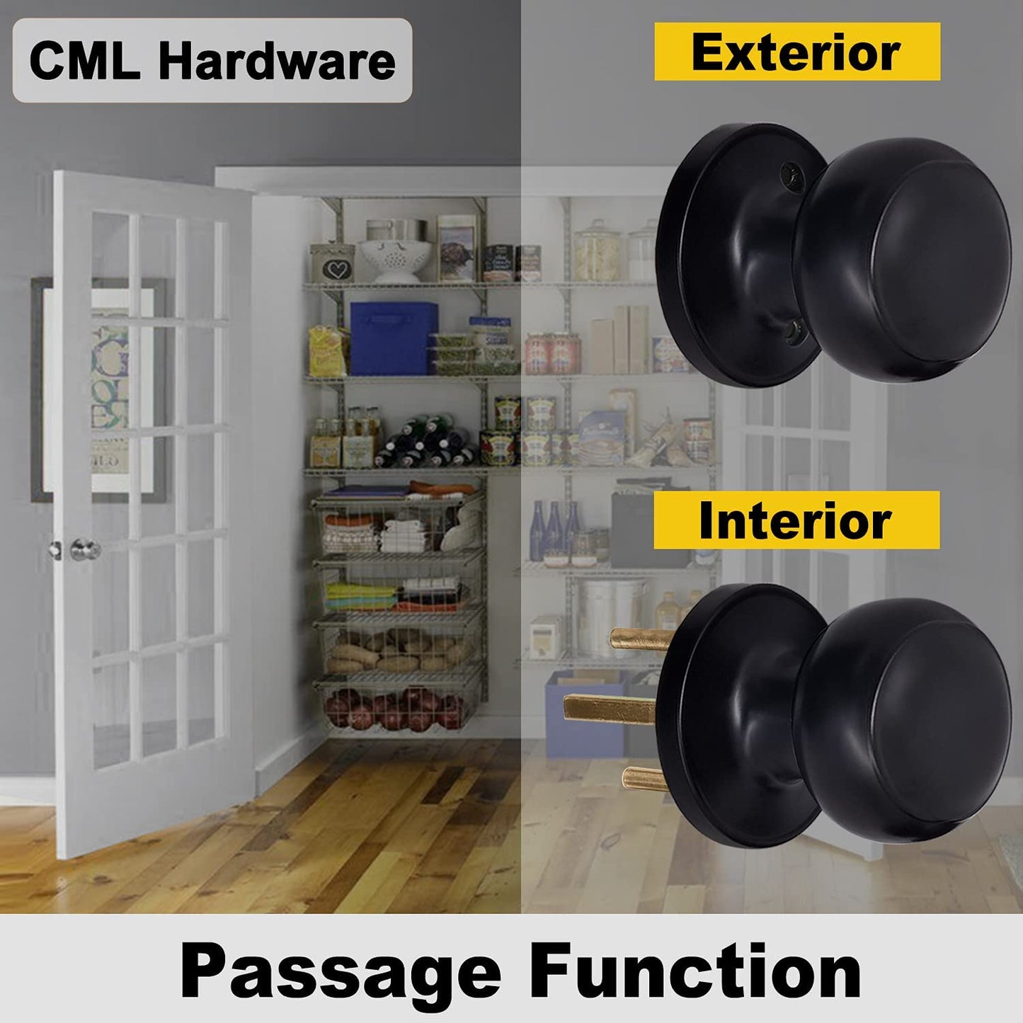 (2 Pack) Passage Door Knob for Hall/Closet, No Locking Interior round Ball Handle in Solid Stainless Steel, Matte Black
