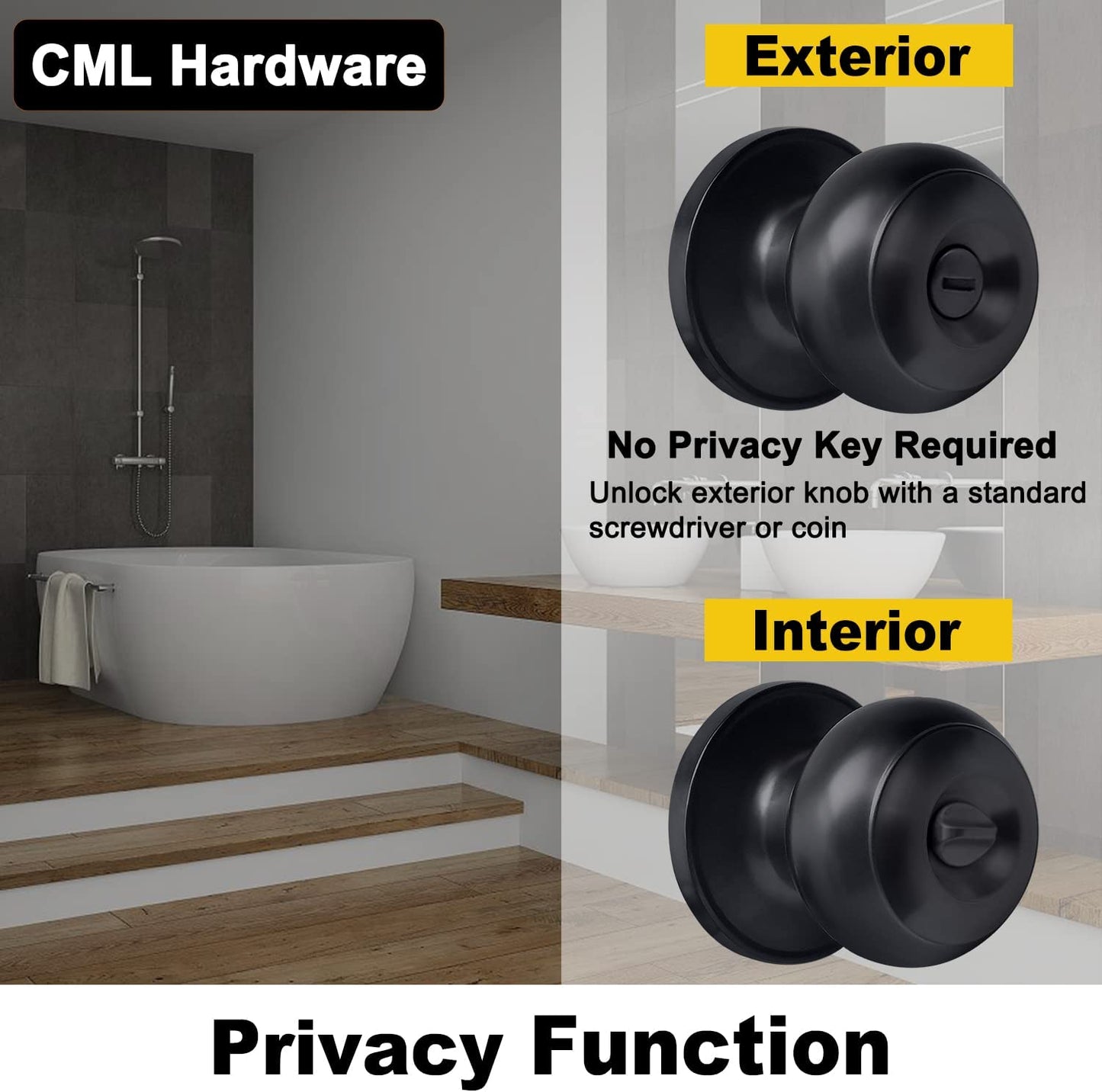 Privacy Door Knob, Matte Black Keyless Door Lock in Solid Stainless Steel for Bedroom or Bathroom, Standard round Ball Handle